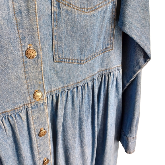 VINTAGE STUDIO Lace Collar Button Front Long Sleeve Light Denim Midi Dress M - Picture 6 of 6